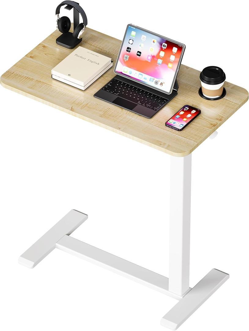 BIZUM Adjustable Bedside Table with Swivel Hidden Wheels Pneumatic Rolling Desk Mobile Standing Desk with Cup Holder for Hospital Home(27.6"x15.8" Maple)