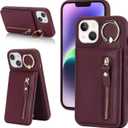 for iPhone 13 Case with Card Holder for Women,for iPhone 13 Phone Case Wallet with Credit Card with Ring Kickstand Zipper Shockproof Slim Stand Case for Apple13 - Red Wine (B+Red Wine)