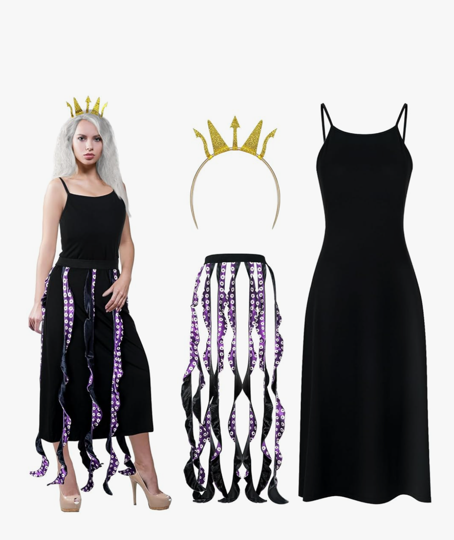 3 Pcs Women Octopus Costume Black Purple Octopus Dress Long Tentacles Gold Crown Undersea Witch for Halloween