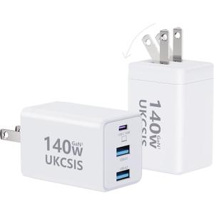 2Pack Mac Book Charger 140W, USB C Fast Charger Foldable 3-Port Multi-Device Fast Power Adapter, USB C Charger for MacBook pro/Air, Dell, Samsung Galaxy, iPad Pro, and More(White)