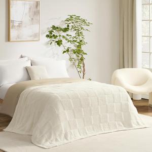 Snuggle Sac Checkered Throw Blanket Faux Fur Microfiber Blankets for Couch,Cozy Soft Warm Blanket for Sofa Bedroom Living Room,Solid Ivory,60x80 inches