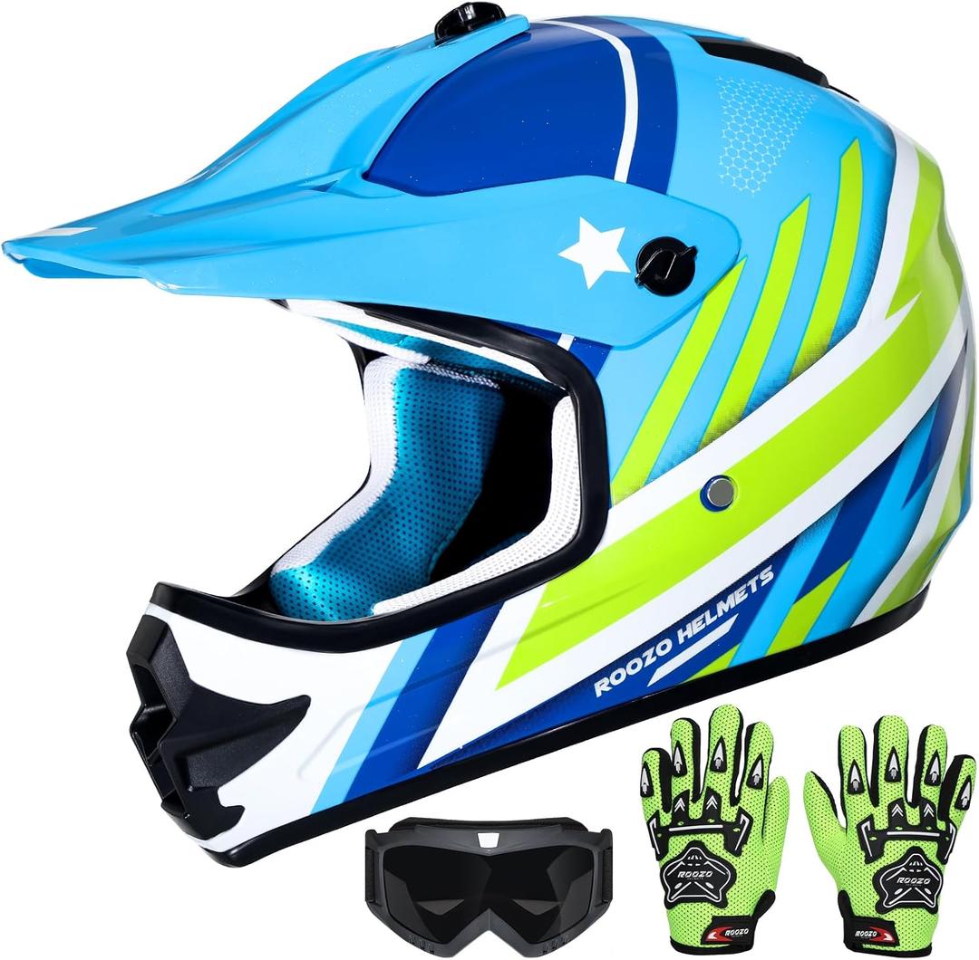 Youth Kids Dirt Bike Helmet DOT Approved, Full Face Motocross Set | 4-in-1 set includes goggles gloves storage bag, ultra-light design, adjustable visor and washable liner for ATV UTV, Small