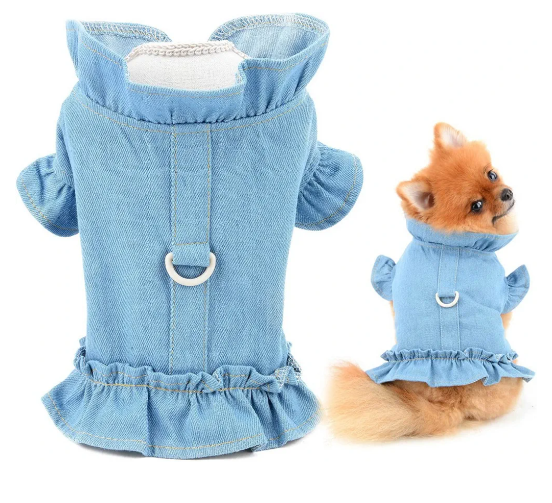 SMALLLEE_LUCKY_STORE Pet Denim Harness Vest Shirt with D-Ring for Small Dogs Cats Girls Soft Comfort Ruffles Jean Jacket for Outdoor Walking Female Puppy Yorkie Chihuahua Summer Clothes, Light Blue,M