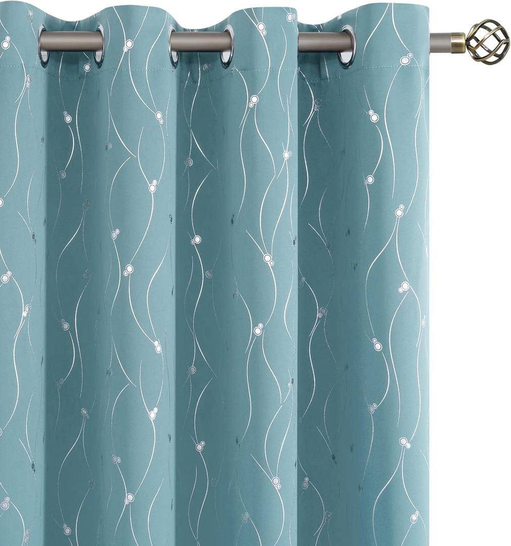 BGment Room Darkening Curtains 84 Inches Long, Grommet Thermal Insulated Blackout Curtains with Wave Line and Dots Printed for Bedroom, 2 Panels, Each 52 x 84 Inch, Aqua