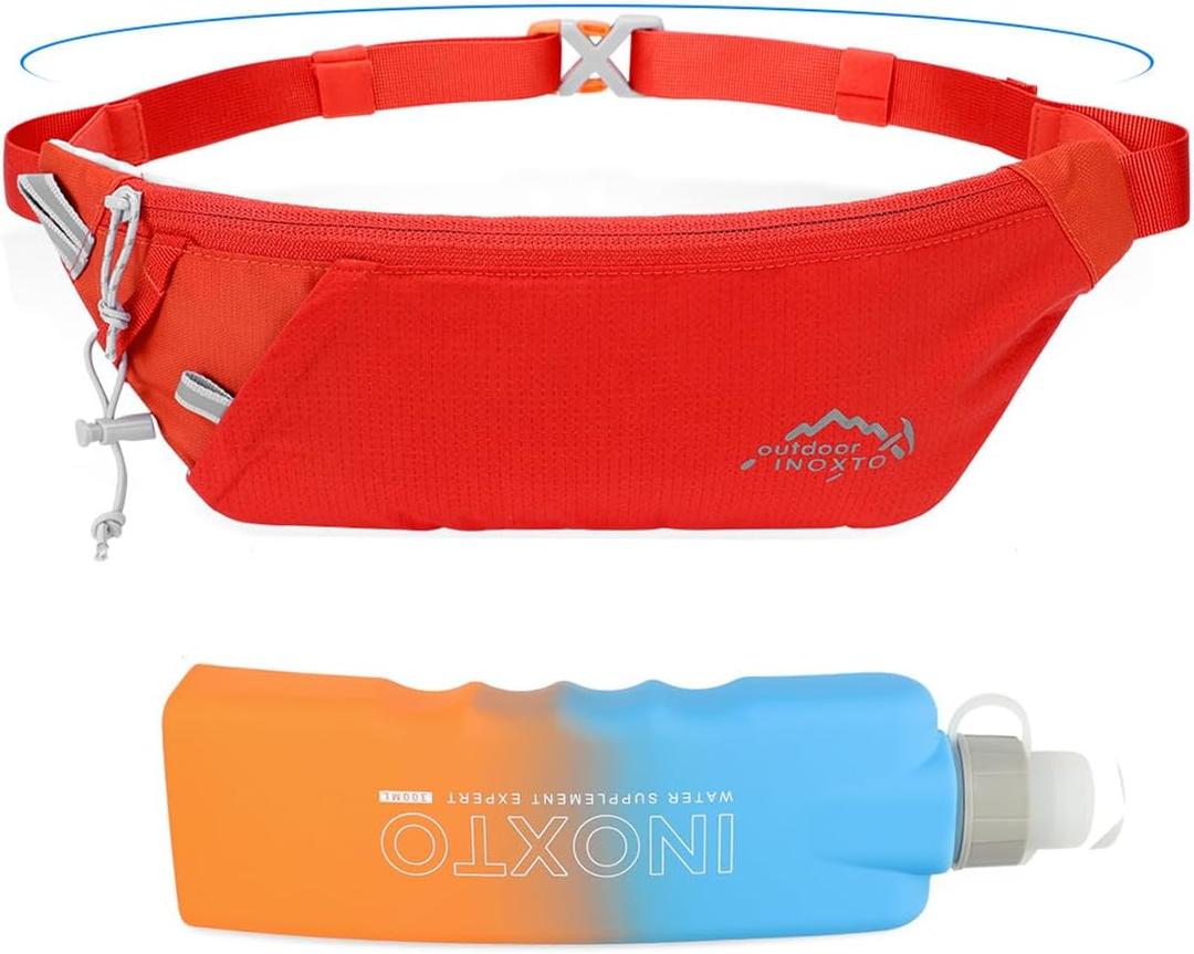INOXTO Slim Running Belt Fanny Pack for Women and Men Sports Waist Bag Pack with 300ml Water Bottle for Running Walking Cycling Hiking Reflective Running Pouch Belt for All Phones , Orange 