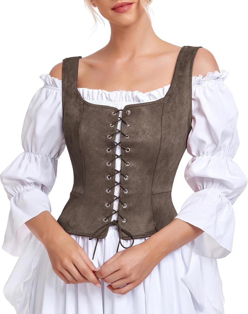 Century Star Renaissance Corset Costume Women Pirate Medieval Viking Floral Top Ren Faire Vest Victorian Plus Size Bodice (Large, Coffee)