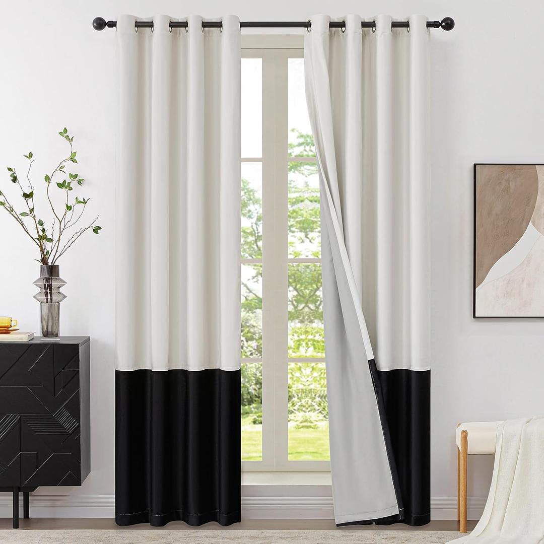 BULBUL Cream 100% Full Blackout Velvet Curtains,108 inches Long Ivory Black Modern Liner Curtains Thermal Drapes Panels for Living Room Bedroom Grommet Set of 2
