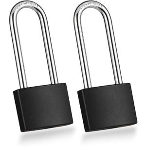 Guliffen 2 Pack Covered Aluminum Padlocks with Key, Black Locker Lock with Long Shackle for Gates, Fences, Toolboxes