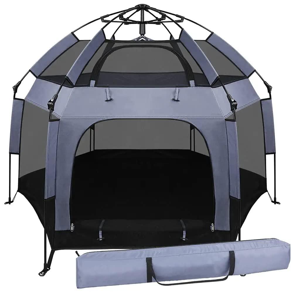 Baby Play Yard Outdoor Baby Playpen with Canopy Beach Tent for Kids and Toddlers Portable Lightweight Pop Up Pack and Play Playards with Travel Bag,61"*61"*49.2" Grey