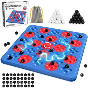 Magnet Chess Game, Magnetic Game Chess for Kids Adults Family Night, 2 in 1 Multiplayer Magnet Game with 36 Pieces & Connect-5-Piece Games, Christmas Family Board Games for Kids and Adults (Blue)