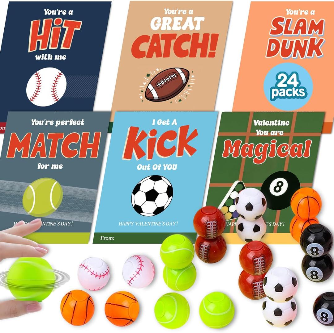 2 x 24 Packs Valentines Day Cards for Kids School with Fidget Spinner Sport Balls, Boys Girls Classroom Exchange