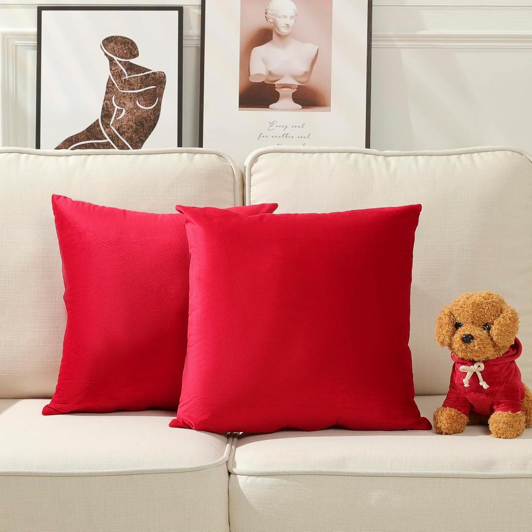 Stellhome Christmas Decorative Red Velvet Pillow Covers Square Soft Cushion Covers for Bed Couch Sofa Bench, 22 x 22 inch (55 x 55 cm), Pack of 2 (22" x 22" (Pack of 2), Red)