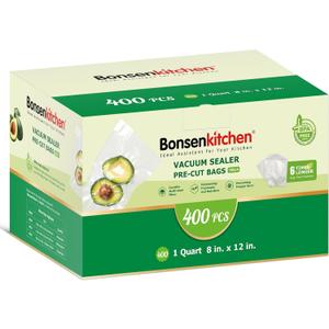 Bonsenkitchen Vacuum Sealer Bags,400 Quart 8" x 12" Precut Food Sealer Bags, Commercial Grade, BPA Free, Heavy Duty, Customized Size Vacuum Bags for Vac Storage, Meal Prep or Sous Vide Cooking, VB14