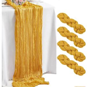 DREAMBOAT 4Pcs Gold Cheesecloth Table Runner 20x120 Inch Boho Gauze Table Runner 10Ft Long Rustic Sheer Cheese Cloth Table Runner for Wedding Bridal Baby Shower Birthday Holiday Party Decor