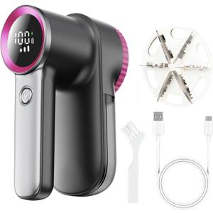 Rechargeable Fabric Shaver & Lint Remover, Electric Sweater Defuzzer with 3 Speeds, 6 Leaf Blades, LED Display & Type-C Fast Charging, Lint Shaver for Clothes, Furniture, Sweater, Couch