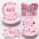 112 Pcs Valentine's Day Party Tableware, Hot Heart Love Disposable Paper Party Plates and Cups and Napkins Sets Serves 16 for Wedding, Gatherings, Engagements, Anniversary Party Supplies(Pink)