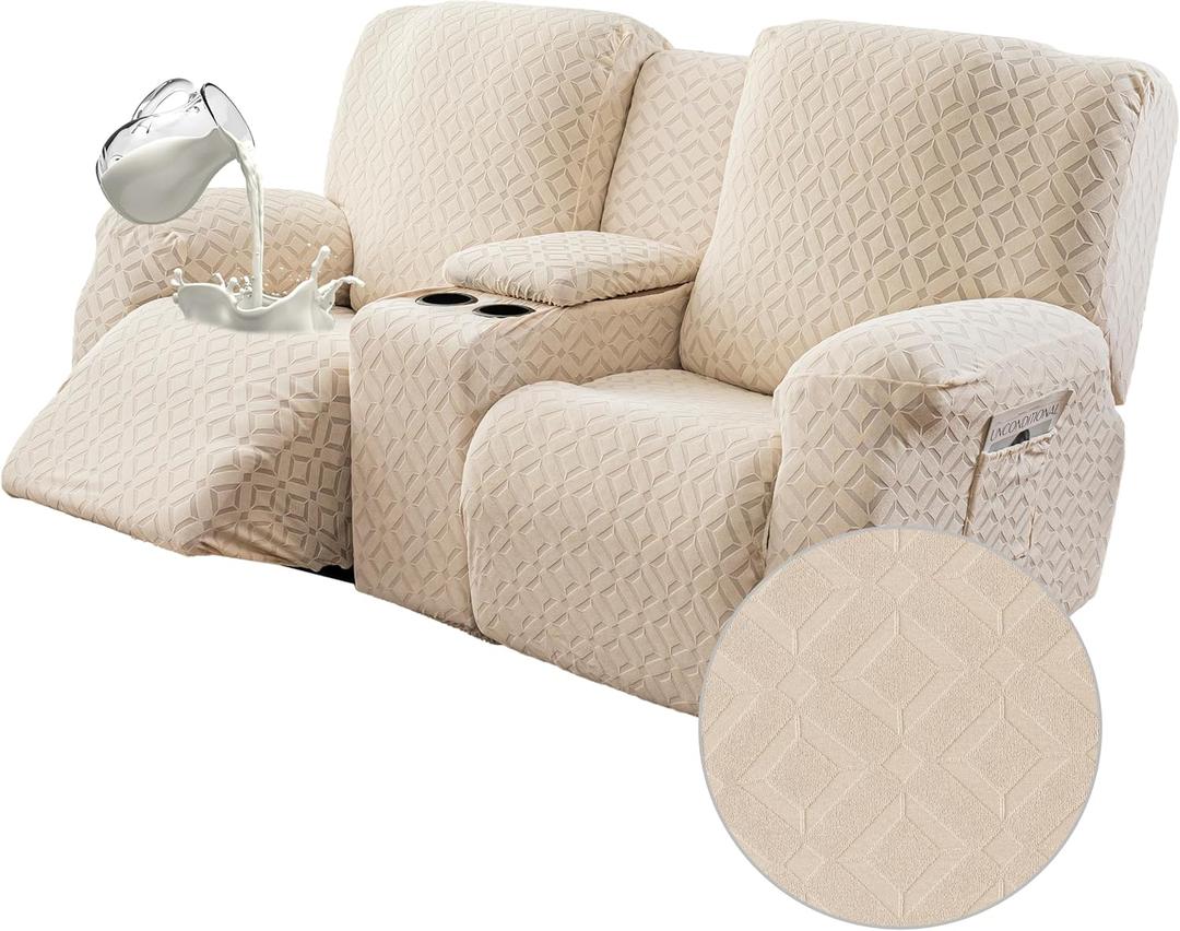 Gennia Waterproof Recliner Loveseat Cover with Console,Stretch Reclining Sofa Covers with Pocket,Lazy Boy Recliner Slipcover,Leakproof Couch Protector for Kids&Pets (2 Seat with Console,Beige)