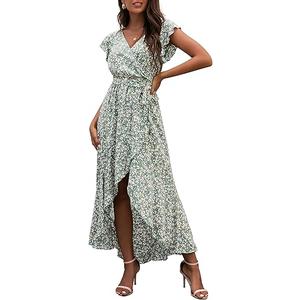 GRECERELLE 2025 Women's Spring Summer Boho Floral Print V-Neck Faux Wrap Maxi Dress for Wedding Guest, Graduation, Party, Size medium