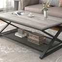 LVB Gray Coffee Table, Farmhouse Wood Metal Center Table with Storage for Living Room, Industrial Wooden 2 Tier Rectangle Cocktail Tea Table with Mesh Shelf for Office Bedroom, 47 inch, Light Grey Oak