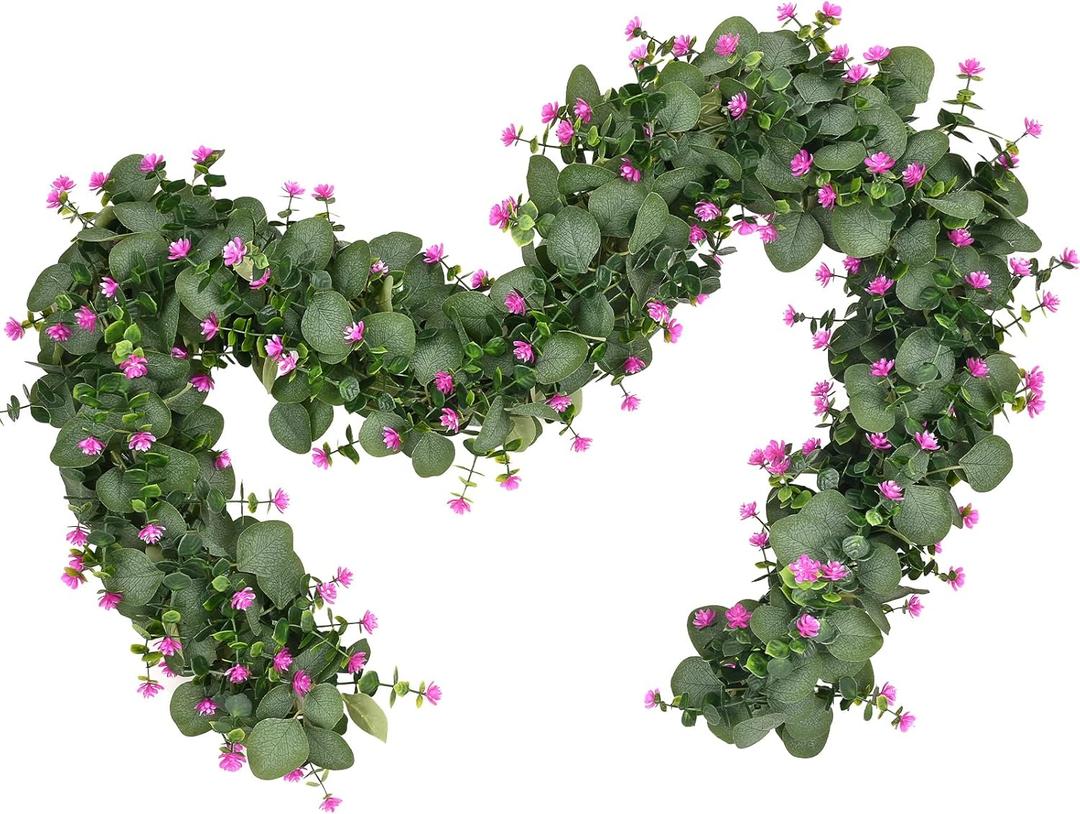 Dolicer 2 Packs 12 FT Artificial Eucalyptus Garland, Faux Greenery Garlands with Boxwood Flowers, Fake Silver Dollar Eucalyptus Leaves Vines for Wedding Table Wall Party Home Decoration, Fushia