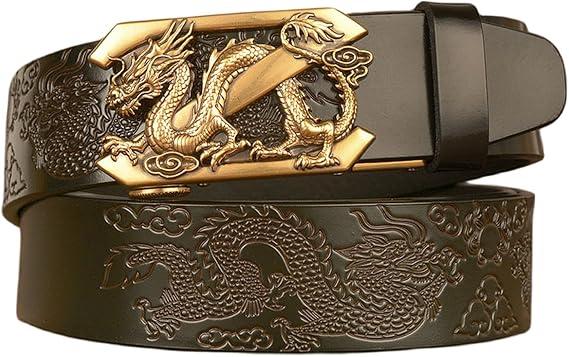 Slide Ratchet Belts Gold Dragon Embossed Automatic Sliding Buckle Adjustable Leather Waist Strap Fashion Belt