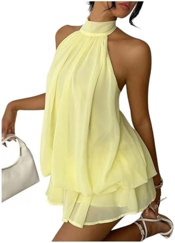 Verdusa Women's Chiffon Halter Drop Waist Wedding Guest Dresses Ruffle Summer Loose Fit Mini Dress Brunch Outfits, S, Apricot