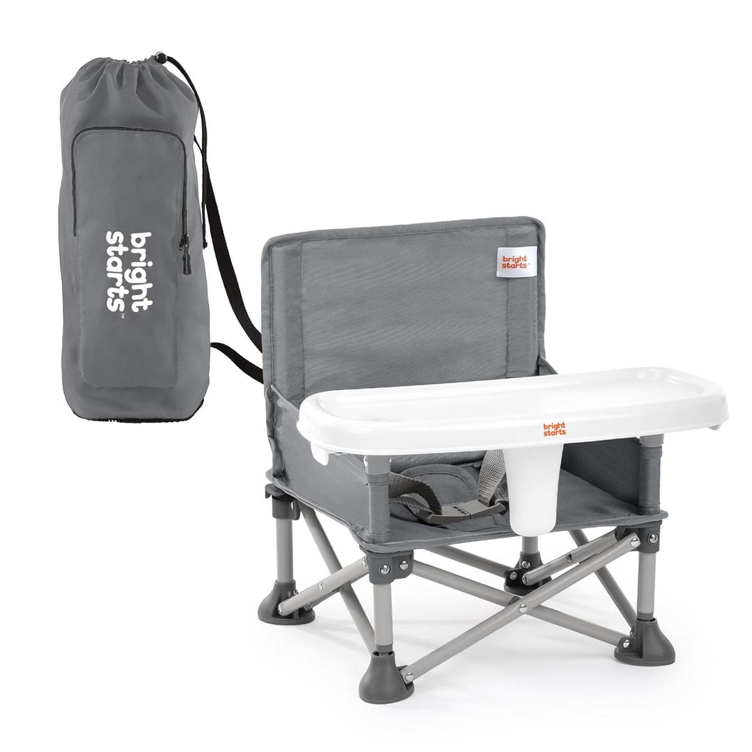 Bright Starts Pop N Sit Portable Booster Seat, 3-in-1 Floor Seat, Travel High Chair & Toddler Booster with Feeding Tray, Indoor/Outdoor, Grey, 6 Months 3 Years