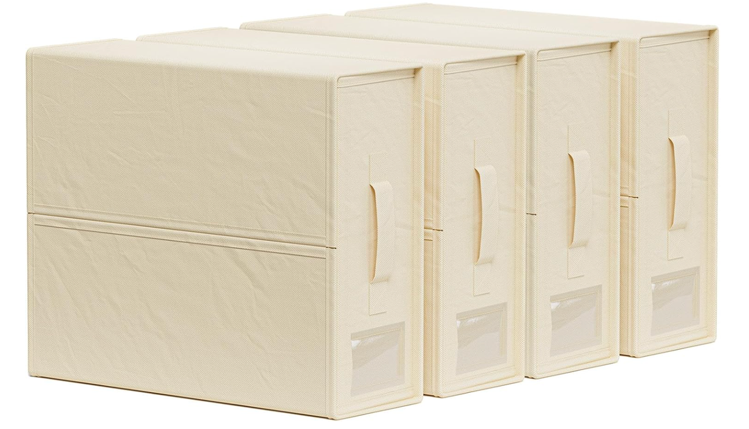 SheetCube Bed Sheet Organizers and Storage 4 Pack, Foldable Linen Closet Organizer with Window and Label, Bedding Folder Storage Box Container for Blanket, Duvet Cover Set, Bed Sheet Set - Beige