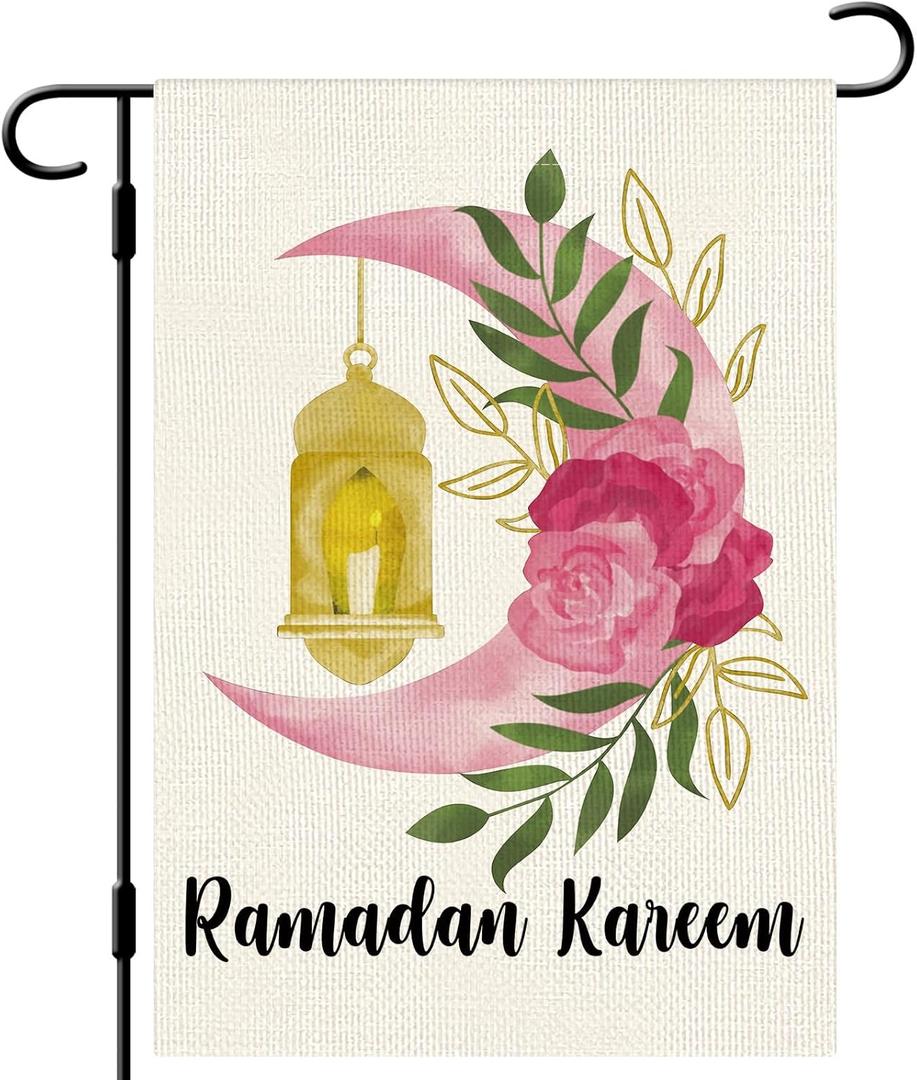 DLZDN Ramadan Kareem Garden Flag Muslim Mosque Lantern Moon Flag 1218 Inch Double Side Vertical Burlap Farmhouse Yard Sign Eid Mubuark Party Outdoor Decoration