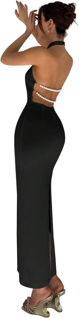 SISKIN Sexy Backless Bodycon Long Elegant Evening Dress Sexy Birthday Dresses for Women Halter Neck Pearl Dress (Black, S)