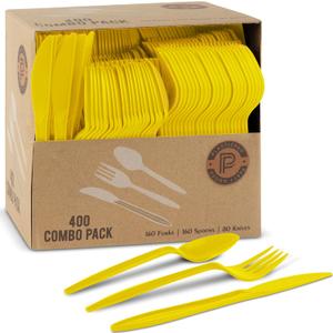PLASTICPRO 400 Pack Disposable Plastic Utensils Assorted Colored Cutlery Combo Set Forks Spoons Knives Silverware, Yellow Plastic Cutlery for Parties