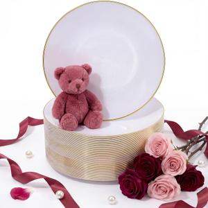 Nervure 100Pieces White with Gold Rim Plastic Plates - 7.5inch Disposable Gold Salad/Dessert Plate - White and Gold Plastic Plates Ideal for Wedding & Party & Mothers Day
