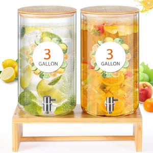 Honeydak 2 Pack 3 Gallon Glass Drink Dispenser with Stand, Bamboo Lid, Stainless Steel Spigot Leakproof, Beverage Dispensers for Parties, Lemonade, Iced Tea, Juice, BBQ & Picnic