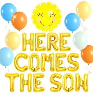 Here Comes The Son Baby Shower Banner Here Comes the Son Baby Shower Decor Blue and Yellow Balloons Backdrop Decorations Boho Sunshine Balloons