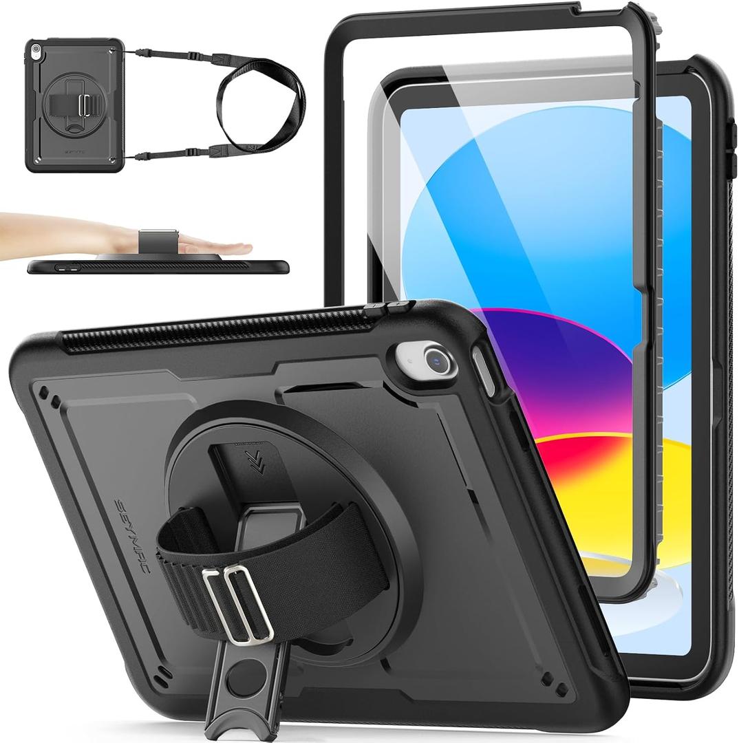 SEYMAC stock Case for iPad A16 11-inch Case 2025/ for iPad 11th/ 10th Generation 10.9'' 2022, Protective with Screen Protector, Pen Holder, Rotate Stand, Loop Nylon Hand Strap, Shoulder Strap, Black
