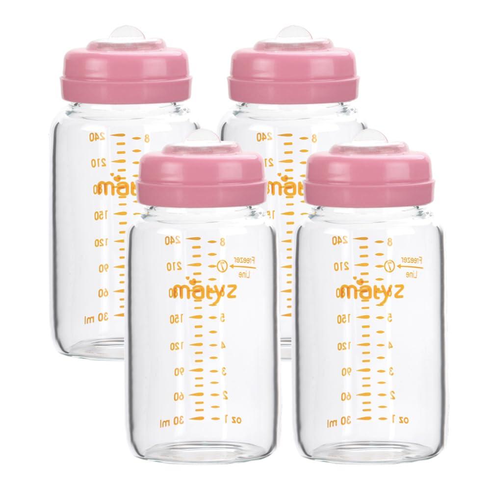 Matyz Glass Breastmilk Storage Containers, 4 Pack, 8 oz Bottle, Fit with Spectra Medela Philips Avent Pump - Wide Mouth Breastmilk Collection and Storage Bottle with Lids - No BPA (Pink Lids) 