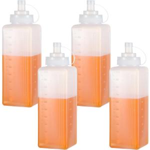 4 Pack 1 QT Large Condiment Squeeze Bottle for Sauses, 34oz Wide Mouth Liquids Dispenser Bottles with Lid, For Ketchup, Taco, Marinara, Pasta, BBQ, Spaghetti, Tomato Sauce, Restaurant-Grade Design