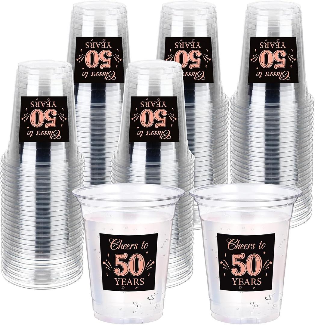 Amyhill 60 Pack 50th Birthday Plastic Cup Bulk 12 oz Rose Gold Disposable Clear Birthday Party Cups for Men Women Decorations Party Favors Anniversary