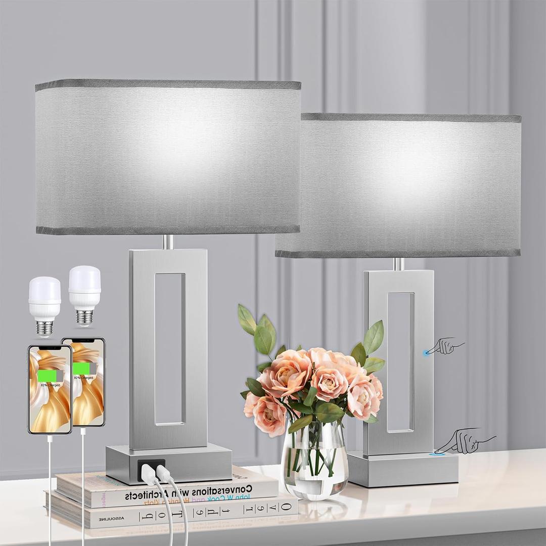Seealle Bedroom Table Lamps Set of 2 - Grey Touch Bedside Lamps with USB C+A, 3 Way Dimmable Gold Lamp for Nightstand, Modern Night Stands Lamps for Living Room End Tables (Medium (16.4 In))