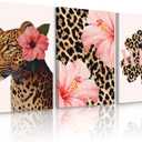Trendy Leopard Wall Art Pink Cheetah Print Room Decor Leopard Flower Canvas Wall Decor Cheetah Aesthetic Poster Girly Pink Preppy Picture Funky Y2k Artwork for Girl Bedroom 16x24x3 Inch Wrapped Canvas