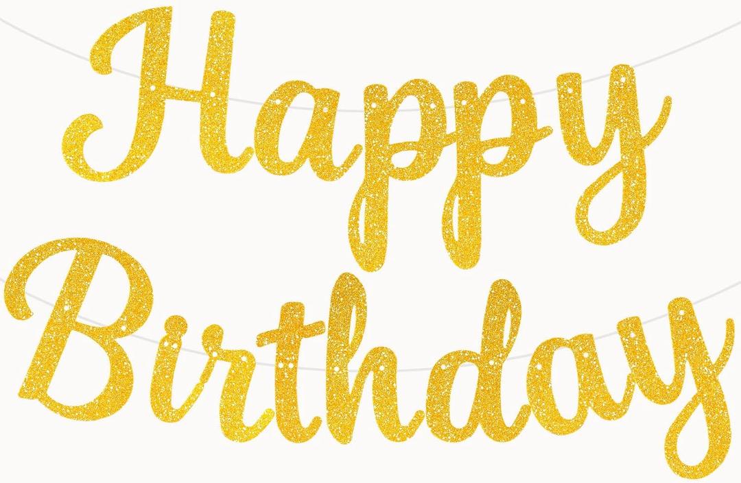 Accevo Happy Birthday Banner, Pre-Strung No Assembly Sign, Garland, Wall & Door Banner Flag for Women, Men, Boys & Girls Birthday Party Backdrop Decorations (Gold)