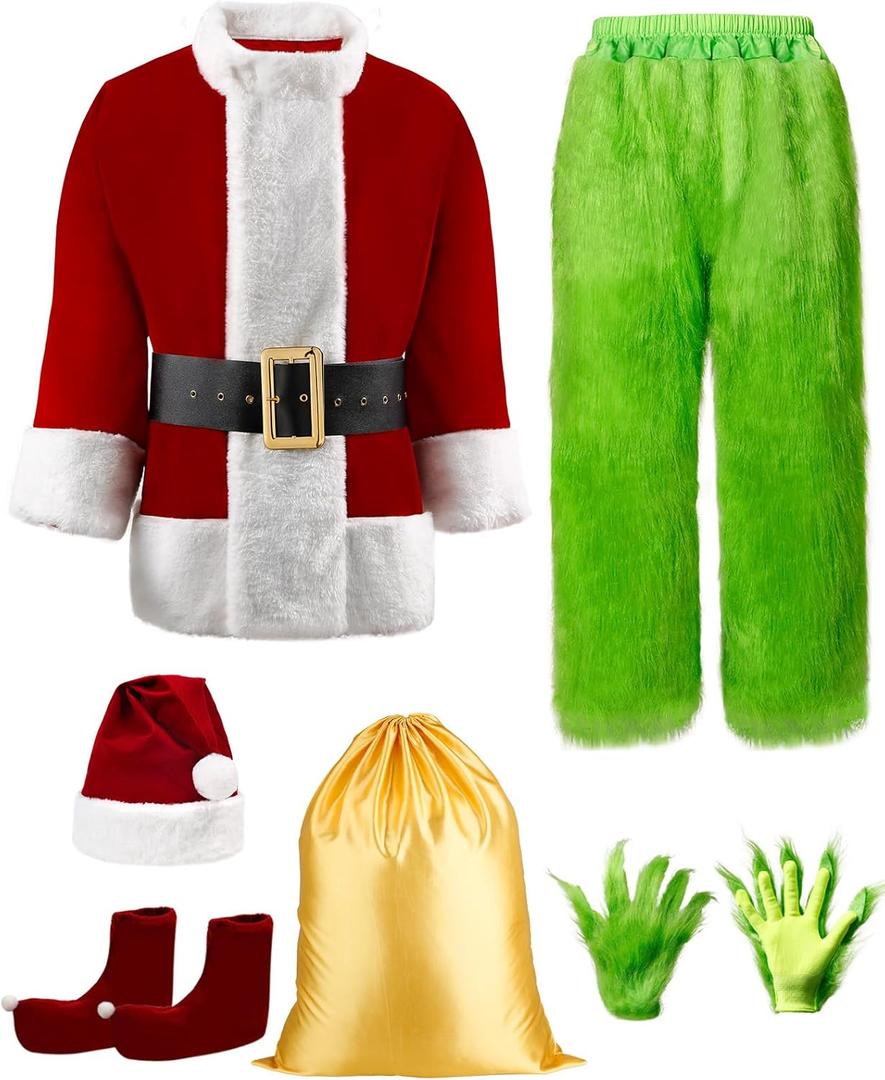Christmas Green Santa Claus Costume Funny Santa Suit for Adult Men Cosplay Halloween Costume Outfit (Large)