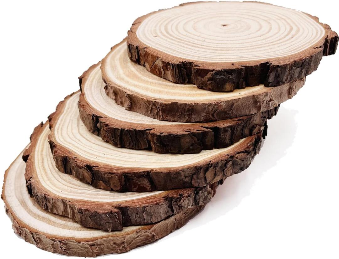 Natural Round Discs Rustic Wood Slices 6 Pcs 6.3-6.7 inch Unfinished Wood kit Circles Crafts Tree Slices with Bark Log Discs for DIY Arts and Wedding Christmas Ornaments