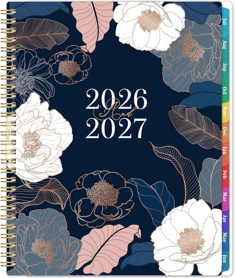 Planner 2026-2027 - Academic Planner 2026-2027, Jul.2026 - Jun.2027, 9" x 11", 2026-27 Calendar Planner, Weekly and Monthly with Colorful Tabs, Strong Twin-wire, Back Pocket - Engraved Floral