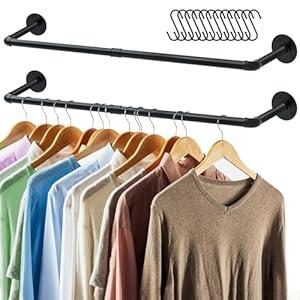 ERYTLLY Industrial Pipe Clothes Rack 36.2”, 2 Set Multi-purpose Wall Mounted Iron Garment Rod, Heavy Duty Detachable Hanging Clothes Rack for Closet Rod (Black, 2 Base)