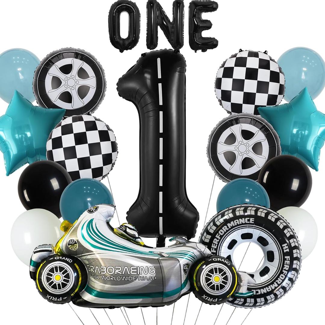 20pcs Race Car Themed Party Decorations, ONE Fast Birthday Party Supplies, Tire Checkered Foil Mylar Balloons, 40inch Number 1 Boys Race Car Party Decoration Supplies (Number 1)