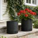 GreenShip Planter Set of 2 (13.7" & 11.8") Dual-Use Self-Watering or Traditional Indoor Cylinder Flower Pots with Saucers & Side Drainage Durable Lightweight Clay & Resin Blend
