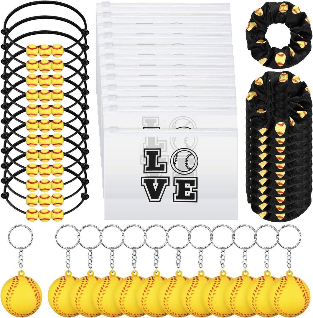 Hicarer Softball Gift Set: 12 Cosmetic Bags, Bracelets, Keychains, Hair Scrunchies for Women and Men's Teams (48 Pcs, Elegant Style)