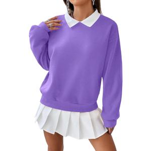 Remidoo Women's Contrast Collar Sweatshirt Casual Oversized Long Sleeve Pullover (Purple, S)