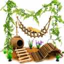 Crested Gecko Tank Accessories, Reptile Bridge and Plants with Coconut Shell Ladder Hideout, Natural Terrarium Decor for Lizard, Chameleon, Leopard Gecko, Snake, Hermit Crab and Tortoise (Group B)